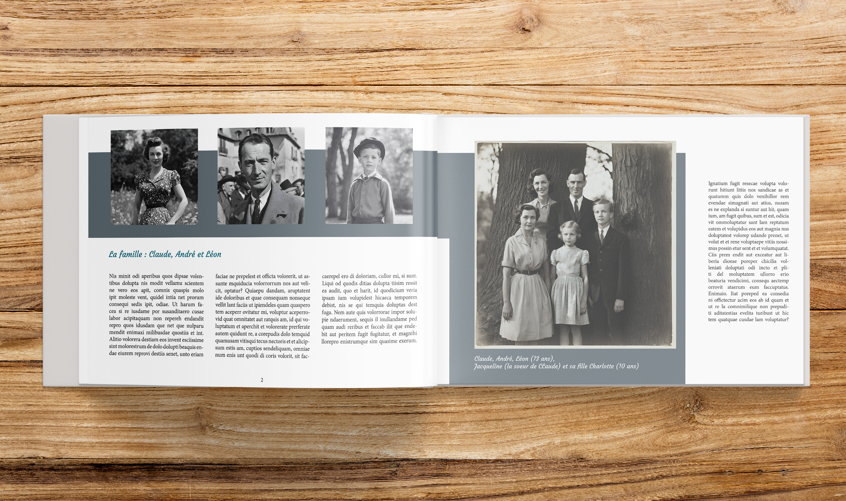 Photo de l'intérieur, double page, d'un album narratif au format paysage. On voit des photos de famille et deux textes. 